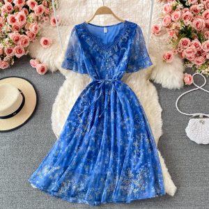 Bell Sleeve Floral Chiffon Dress Summer New Korean Style V-neck Ruffled over-the-Knee Style Mid-Length A- line Skirt