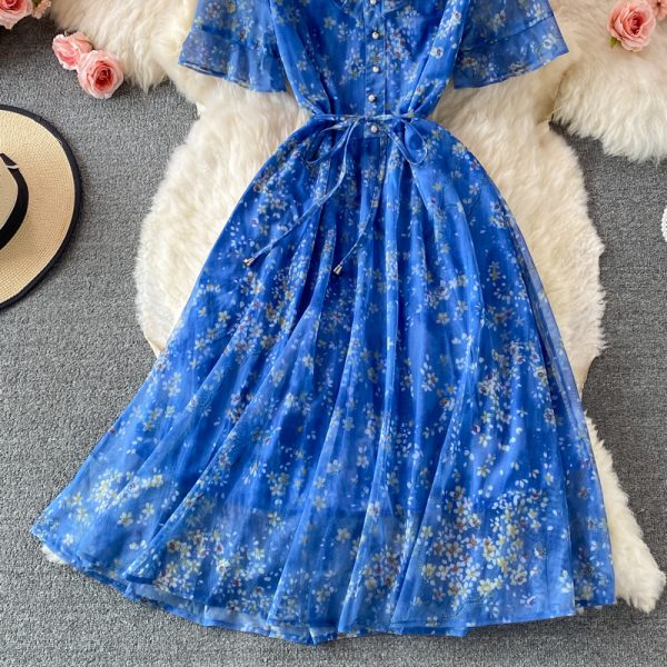Bell Sleeve Floral Chiffon Dress Summer New Korean Style V-neck Ruffled over-the-Knee Style Mid-Length A- line Skirt - Image 4