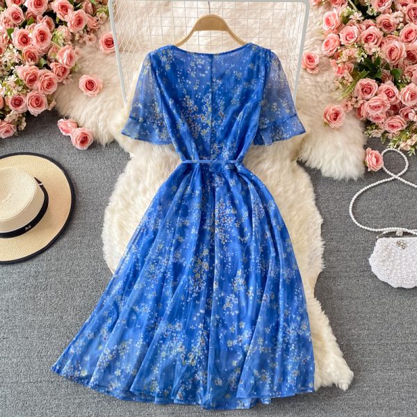 Bell Sleeve Floral Chiffon Dress Summer New Korean Style V-neck Ruffled over-the-Knee Style Mid-Length A- line Skirt - Image 5