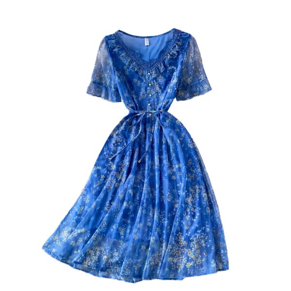 Bell Sleeve Floral Chiffon Dress Summer New Korean Style V-neck Ruffled over-the-Knee Style Mid-Length A- line Skirt - Image 6