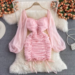 Fall New Pure Desire Temperament Slim Fit Slimming Square Collar Puff Sleeve Small Ruffle Hip Dress
