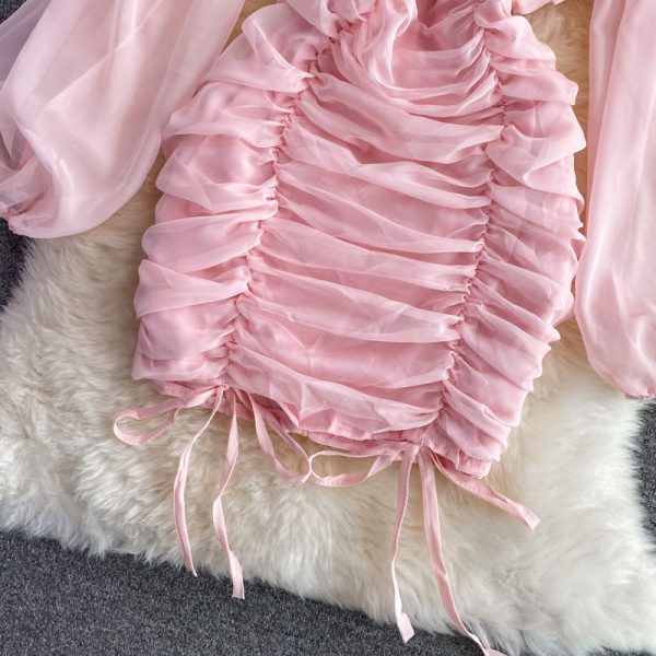 Fall New Pure Desire Temperament Slim Fit Slimming Square Collar Puff Sleeve Small Ruffle Hip Dress - Image 4