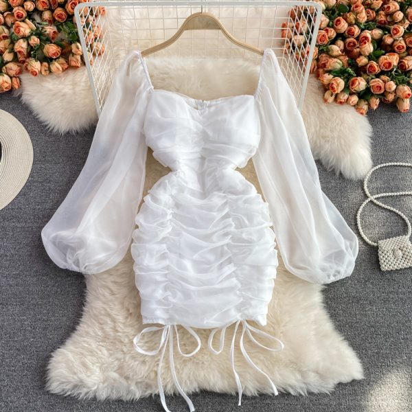 Fall New Pure Desire Temperament Slim Fit Slimming Square Collar Puff Sleeve Small Ruffle Hip Dress - Image 5