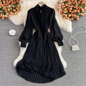 Autumn New Korean Elegance Lantern Sleeve Stand-up Collar Cinched Slimming Mid-Length Pleated Dress Long Sleeve