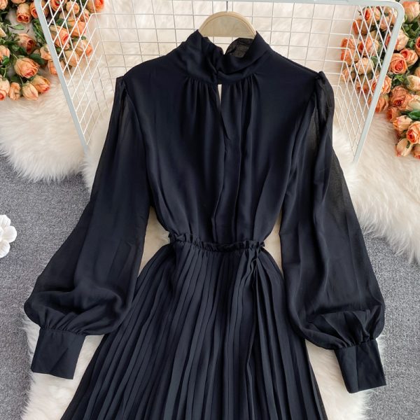 Autumn New Korean Elegance Lantern Sleeve Stand-up Collar Cinched Slimming Mid-Length Pleated Dress Long Sleeve - Image 3
