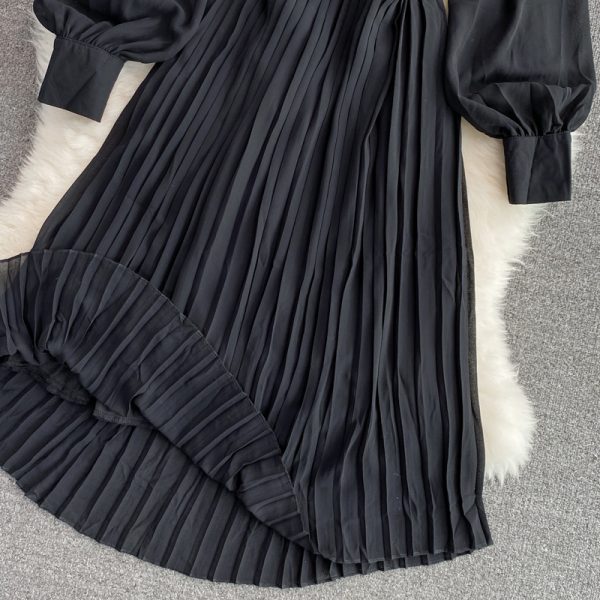 Autumn New Korean Elegance Lantern Sleeve Stand-up Collar Cinched Slimming Mid-Length Pleated Dress Long Sleeve - Image 4
