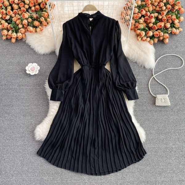 Autumn New Korean Elegance Lantern Sleeve Stand-up Collar Cinched Slimming Mid-Length Pleated Dress Long Sleeve - Image 5