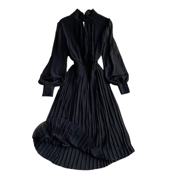 Autumn New Korean Elegance Lantern Sleeve Stand-up Collar Cinched Slimming Mid-Length Pleated Dress Long Sleeve - Image 6