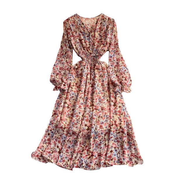 Gentle V-neck Floral Chiffon Dress Autumn New Pleated Long Sleeve Waist-Tight Figure Flattering Wide Hem Long Dress - Image 6