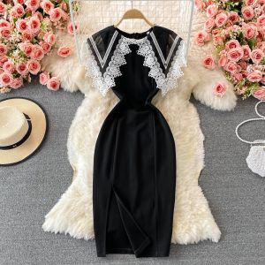 Autumn New Hepburn Style Doll Collar Embroidered Lace Slim Slimming Slit Dress Fashion Dress