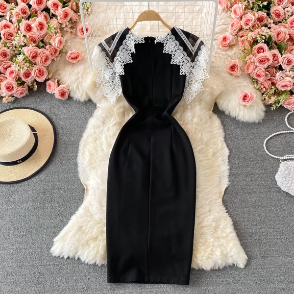 Autumn New Hepburn Style Doll Collar Embroidered Lace Slim Slimming Slit Dress Fashion Dress - Image 5