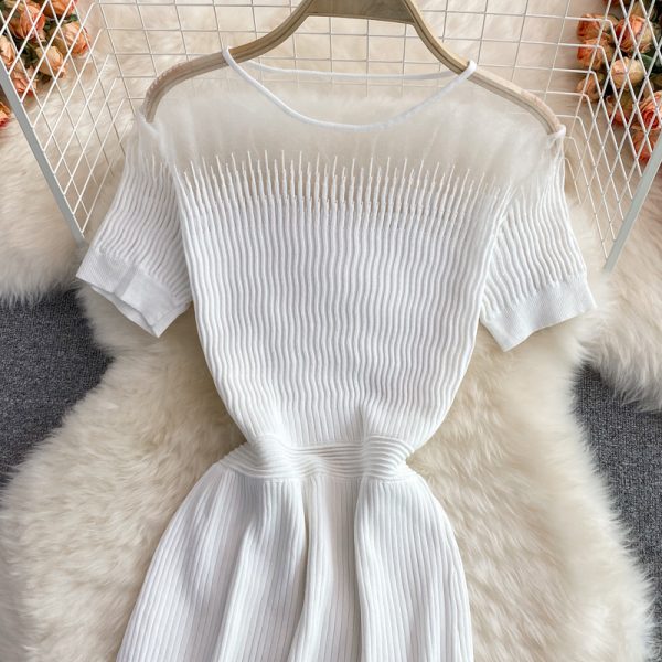 Summer Gentle Fresh Sweet First Love Slim White Dress Small round Neck Stretch Knitted Dress Short Sleeve Women - Image 3