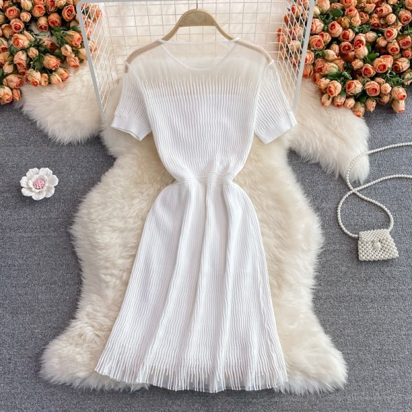 Summer Gentle Fresh Sweet First Love Slim White Dress Small round Neck Stretch Knitted Dress Short Sleeve Women - Image 5