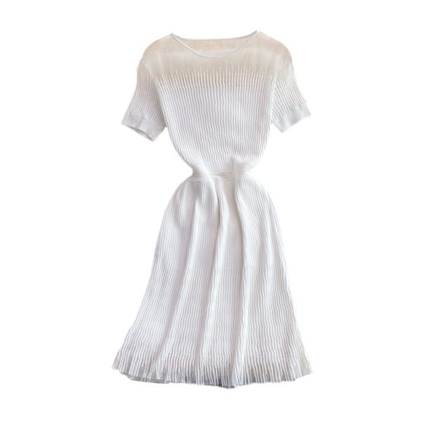 Summer Gentle Fresh Sweet First Love Slim White Dress Small round Neck Stretch Knitted Dress Short Sleeve Women - Image 6