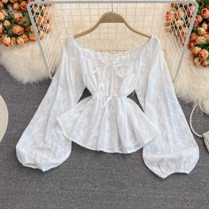 Korean Dongdaemun Square Collar Long Sleeve Topautumn Retro Sweet Slimming Embroidered Puff Sleeve Shirt Women