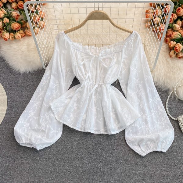 Korean Dongdaemun Square Collar Long Sleeve Topautumn Retro Sweet Slimming Embroidered Puff Sleeve Shirt Women