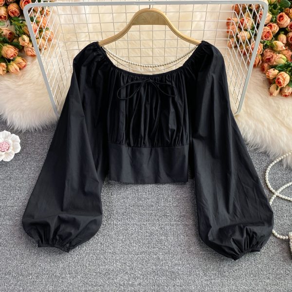 Autumn New Retro Fairy French Style Square-Neck Cinched Slimming Lantern Sleeves Shirt Short Western Style White Top for Women - Image 4
