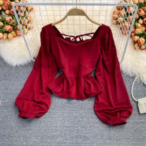 Autumn New Retro Square Collar Slim Fit Slimming Shirt Western Style Top Long Sleeve Temperament French Short Shirt