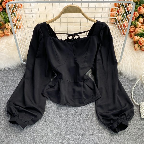 Autumn New Retro Square Collar Slim Fit Slimming Shirt Western Style Top Long Sleeve Temperament French Short Shirt - Image 3