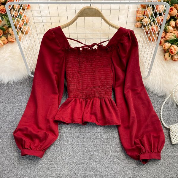 Autumn New Retro Square Collar Slim Fit Slimming Shirt Western Style Top Long Sleeve Temperament French Short Shirt - Image 5