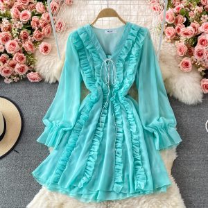 Long Sleeve Ruffled V-neck Dress Autumn New French Style Gentle Fairy Lady Super Fairy Mori Style Mid-Length A- line Dress