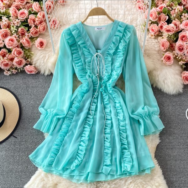 Long Sleeve Ruffled V-neck Dress Autumn New French Style Gentle Fairy Lady Super Fairy Mori Style Mid-Length A- line Dress