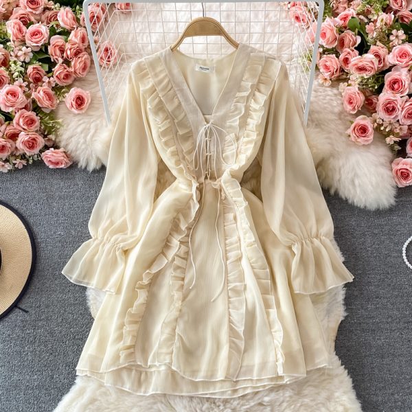 Long Sleeve Ruffled V-neck Dress Autumn New French Style Gentle Fairy Lady Super Fairy Mori Style Mid-Length A- line Dress - Image 3