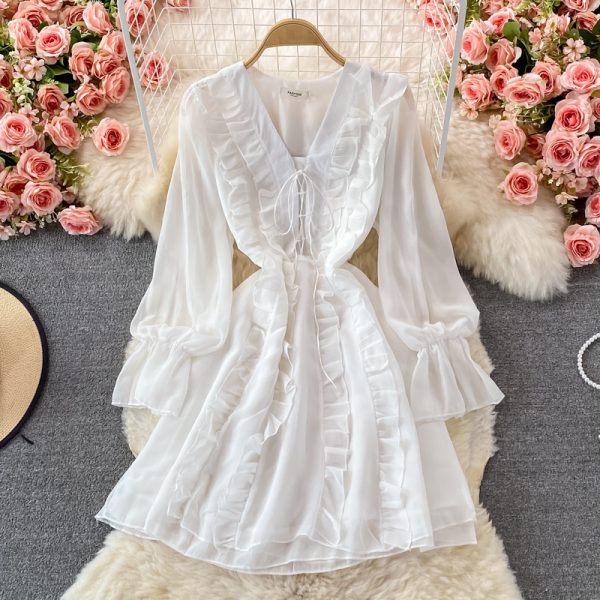 Long Sleeve Ruffled V-neck Dress Autumn New French Style Gentle Fairy Lady Super Fairy Mori Style Mid-Length A- line Dress - Image 5