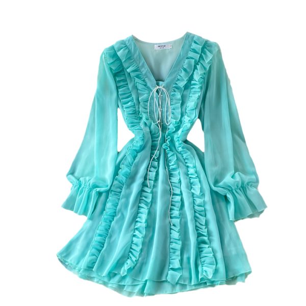 Long Sleeve Ruffled V-neck Dress Autumn New French Style Gentle Fairy Lady Super Fairy Mori Style Mid-Length A- line Dress - Image 6