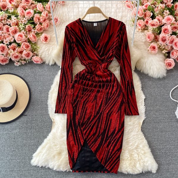 Autumn New Temperament Waist-Controlled Slimming Bright Silk Stretch Skinny V-neck Cross Mid-Length Irregular Sheath Dress - Image 2