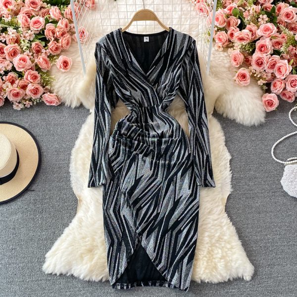 Autumn New Temperament Waist-Controlled Slimming Bright Silk Stretch Skinny V-neck Cross Mid-Length Irregular Sheath Dress - Image 4