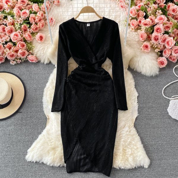 Autumn New Temperament Waist-Controlled Slimming Bright Silk Stretch Skinny V-neck Cross Mid-Length Irregular Sheath Dress - Image 5
