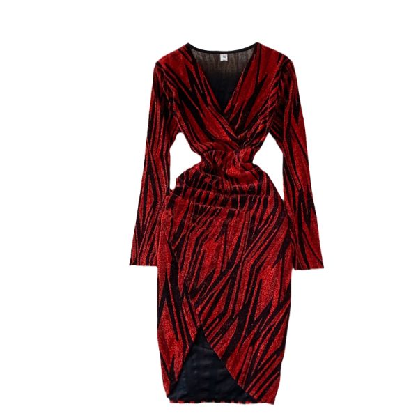 Autumn New Temperament Waist-Controlled Slimming Bright Silk Stretch Skinny V-neck Cross Mid-Length Irregular Sheath Dress - Image 6