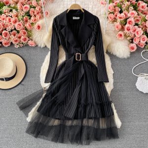 Fall New French Ol Business Temperament Mid-Length Waist Slimming Suit Collar Stitching Mesh Dress
