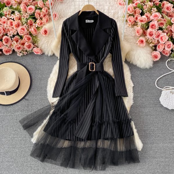 Fall New French Ol Business Temperament Mid-Length Waist Slimming Suit Collar Stitching Mesh Dress - Image 2