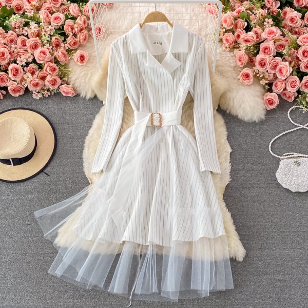 Fall New French Ol Business Temperament Mid-Length Waist Slimming Suit Collar Stitching Mesh Dress - Image 3