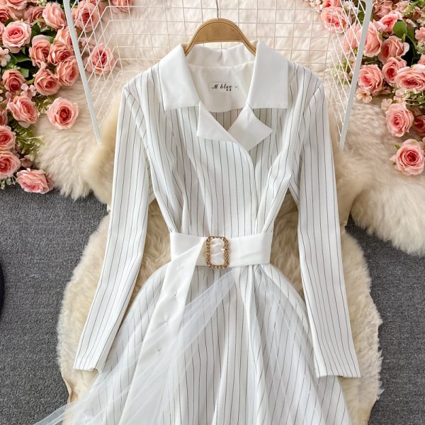 Fall New French Ol Business Temperament Mid-Length Waist Slimming Suit Collar Stitching Mesh Dress - Image 4