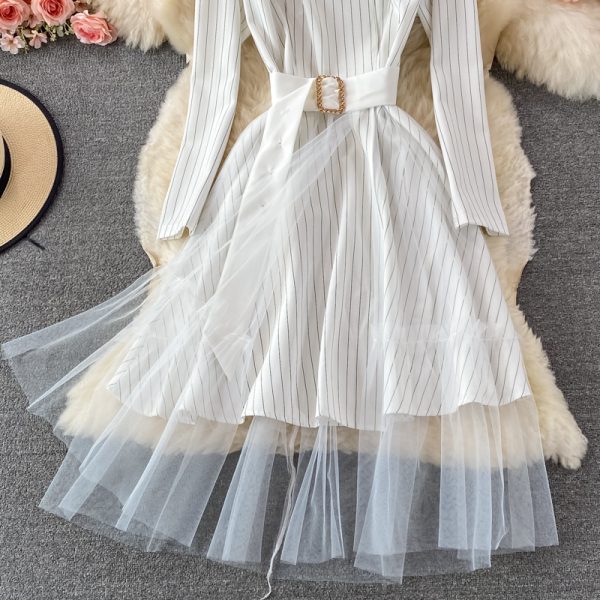 Fall New French Ol Business Temperament Mid-Length Waist Slimming Suit Collar Stitching Mesh Dress - Image 5