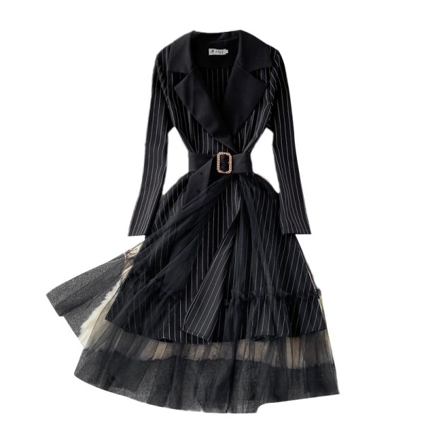 Fall New French Ol Business Temperament Mid-Length Waist Slimming Suit Collar Stitching Mesh Dress - Image 6
