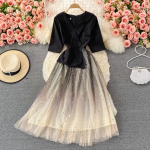 Autumn New Banquet Evening Dress Tight Waist Slimming Fairy Style Starry Sky Gradient Tailored Collar Dress Short Sleeve