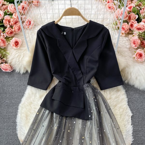 Autumn New Banquet Evening Dress Tight Waist Slimming Fairy Style Starry Sky Gradient Tailored Collar Dress Short Sleeve - Image 3