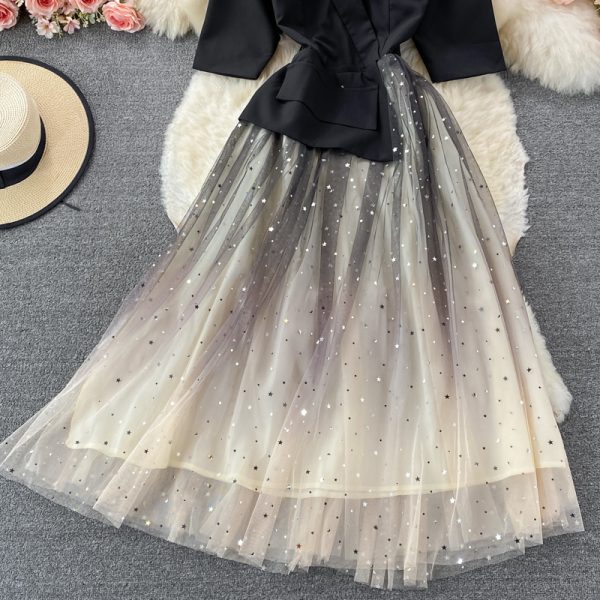 Autumn New Banquet Evening Dress Tight Waist Slimming Fairy Style Starry Sky Gradient Tailored Collar Dress Short Sleeve - Image 4