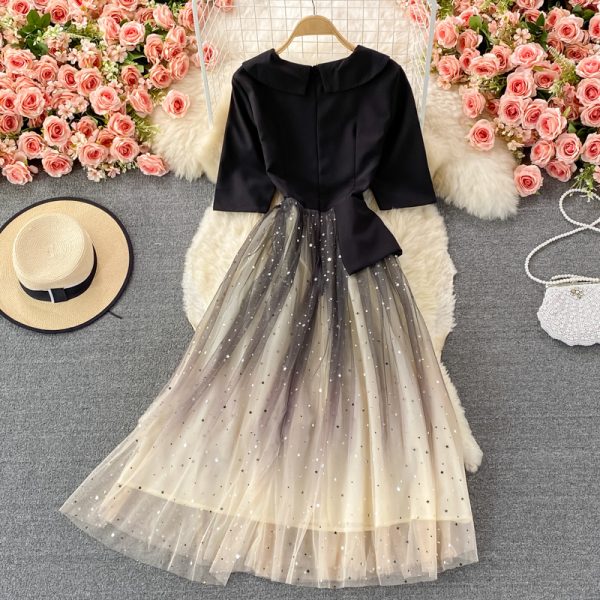 Autumn New Banquet Evening Dress Tight Waist Slimming Fairy Style Starry Sky Gradient Tailored Collar Dress Short Sleeve - Image 5