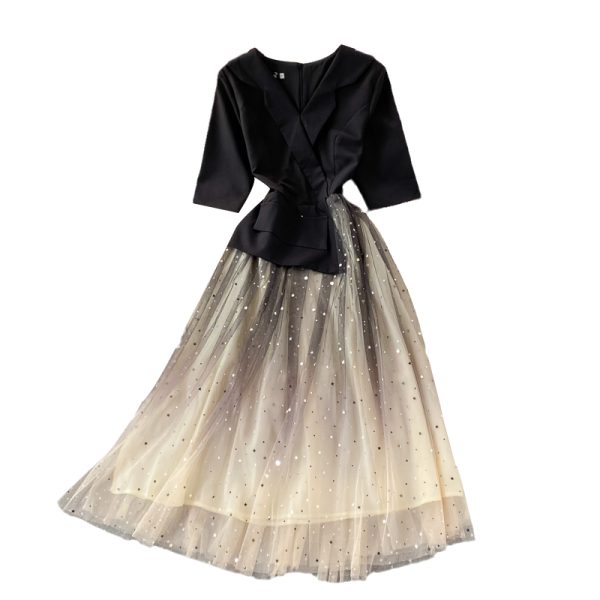 Autumn New Banquet Evening Dress Tight Waist Slimming Fairy Style Starry Sky Gradient Tailored Collar Dress Short Sleeve - Image 6
