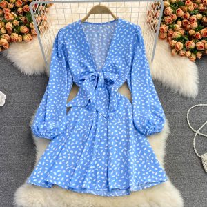 Fall European and American New Loose Mid-Length Puff Sleeve Sweet Bow Bandage Deep V-neck Dress Long Sleeve