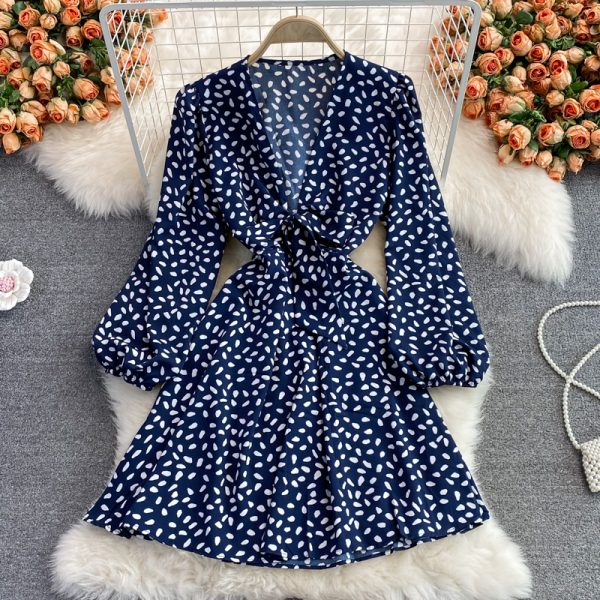 Fall European and American New Loose Mid-Length Puff Sleeve Sweet Bow Bandage Deep V-neck Dress Long Sleeve - Image 3