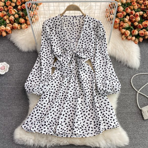 Fall European and American New Loose Mid-Length Puff Sleeve Sweet Bow Bandage Deep V-neck Dress Long Sleeve - Image 4