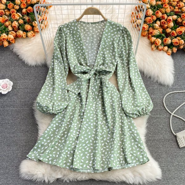 Fall European and American New Loose Mid-Length Puff Sleeve Sweet Bow Bandage Deep V-neck Dress Long Sleeve - Image 5