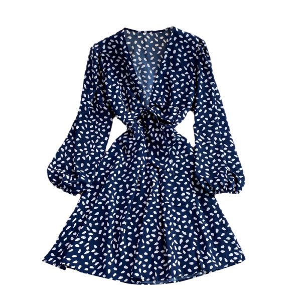 Fall European and American New Loose Mid-Length Puff Sleeve Sweet Bow Bandage Deep V-neck Dress Long Sleeve - Image 6