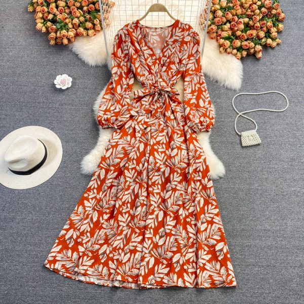 Puff Sleeve V-neck Dress Autumn New Waist Slimming Elegant Floral Skirt over the Knee Large Swing Dress - Image 2
